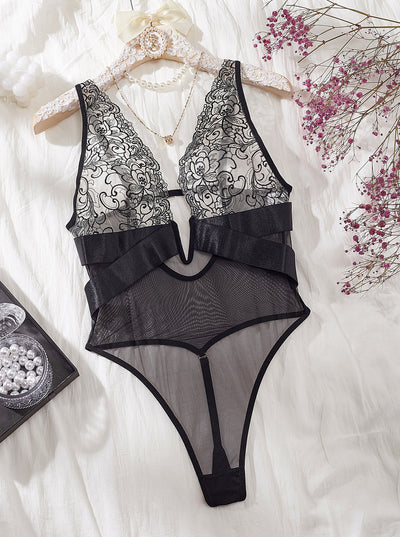 Vera Notte - Black mesh lace bodysuit with embroidery
