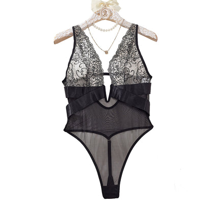Vera Notte - Black mesh lace bodysuit with embroidery